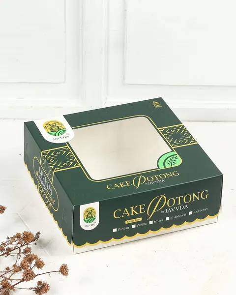 Kotak kue potong warna hijau tua dengan jendela mika, cetak custom